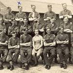 Photograph taken at Blandford, Dorset, around 12th June 1941, when William John Edward Brain, marked with blue cross, enlisted in the Heavy Ack Ack Regiment, Royal Artillery.