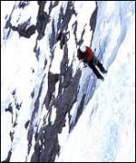 Climber on the icy mountain side