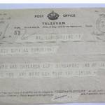 Telegram sent 29 December 1941 from Singapore to Tonbridge, Kent