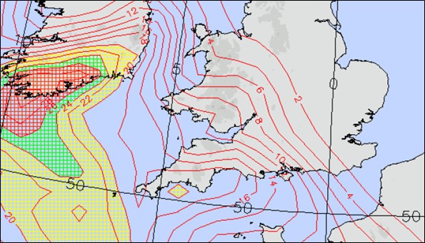 Estimated raw precipitation totals, in mm, between Tuesday to end of Wednesday (graphic prepared by UK Met Office, Exeter)