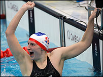 Rebecca Adlington wins the 400m Freestyle Final in Beijing c/o AP/Petr David Josek
