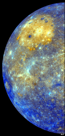 An enhanced photo image of Mercury from its Messenger probe's 2008 flyby of the planet