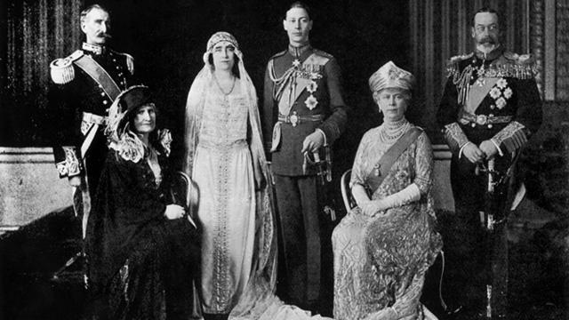The wedding day of George VI (when Duke of York) and Elizabeth Bowes-Lyon, with the Earl and Countess of Strathmore, and George V and Queen Mary, 26 April 1923.