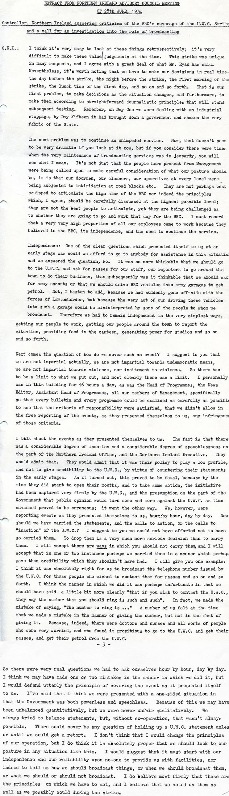 Controller's Report - BBC Northern Ireland Advisory Council Minutes, June 1974
