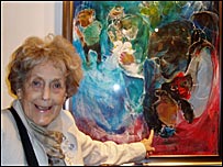 Constance Stubbs pointing at 'Saving the Animals'