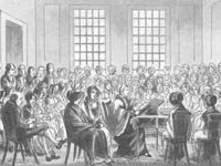 Old drawing of Quakers sitting in a circle of chairs