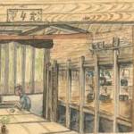 The camp as it looked at the time of capitulation. (15th August 1945 Japan official surrender) The number of men in the camp was 42. This picture was hand painted by Fred during his time as a POW on an island off Nagasaki — he made his own paint brush by using the hairs from a local dog, the corner of the painting was eaten by termites