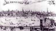 line drawing of the river front of London, 1616
