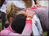 Women's champion Bella Comerford being comforted by boyfriend Steve Bayliss who won the men's title.
