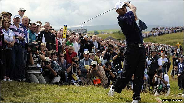 Tiger Woods plays out of the rough at Turnberry