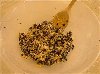 Mixing bowl with bird feeder ingredients