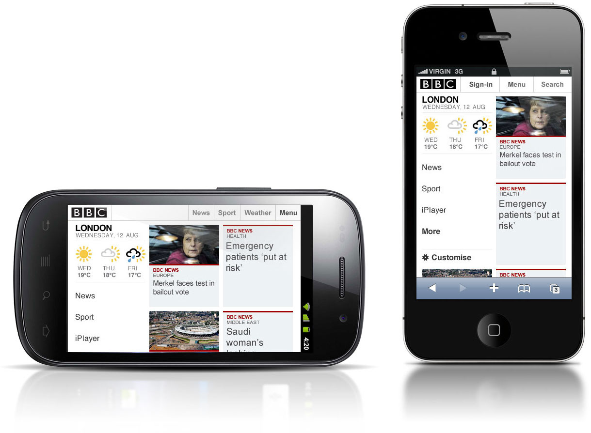 Mockups of the new mobile both in an Android tablet sideways, and in an iPhone upright.
