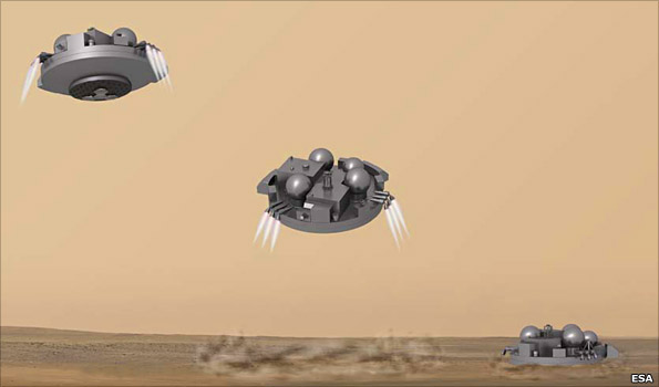 A doppler radar will judge the distance and speed to the ground; thrusters will pulse on and off to bring the craft to a halt 