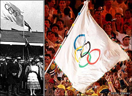 The opening ceremony of the 1920 Olympics (left) and the closing ceremony of the 2004 Games