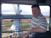 John Purvis in the cab of a Swan Hunter crane