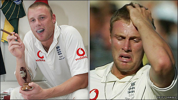Left - Flintoff after the 2005 series win; RIght - Flintoff after Adelaide 2006