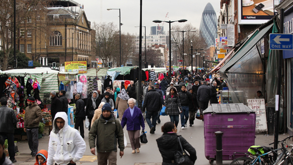 Street market in Stratford with the Gherkin in the background