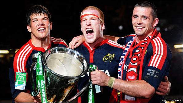 Donncha O'Callaghan, Paul O'Connell and Alan Quinlan with the 2008 Heineken Cup