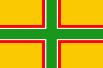 Lincolnshire flag design 4. Yellow background. Green cross on white, on red.