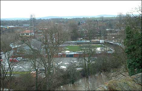 The waterlogged Gay Meadow at Shrewsbury
