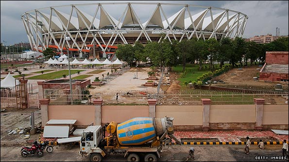 Work outside the main Commonwealth Games stadium in Delhi