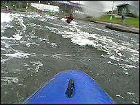 Front of a kayak on the white water at Holme Pierrepont