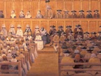 Historical painting of a Quaker meeting