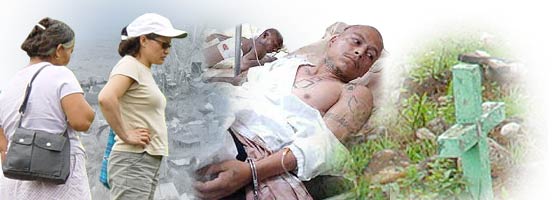 Silvia, Mike’s wife, and her mother, Rosa, look at the scrap metal, all that remains of the houses in the “Mesa Grande” refugee camp they once called home. Injured Honduran street gang member. The grave of a former Salvadoran refugee left behind in the cemetery at the “Mesa Grande” refugee camp.