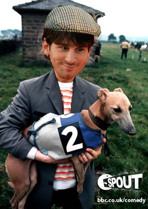 Lionel Messi in a flat cap, carrying a whippet.