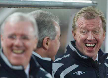 England Manager Steve McClaren has a laugh with his assistant Terry Venables prior to the match against Austria