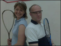 Carol Malia and Jonathan Miles play squash