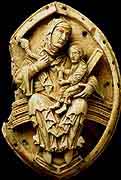Detail showing virgin and Child, Norman ivory carving