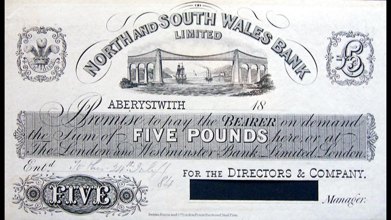 Five pound note issued by North and South Wales Bank Ltd