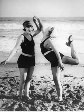 Early Versions of the California Beach babe posse, wearing their ‘racy’ knitted swimsuits, 1915, photo courtesy of Getty Images/General Photographic Agencies.