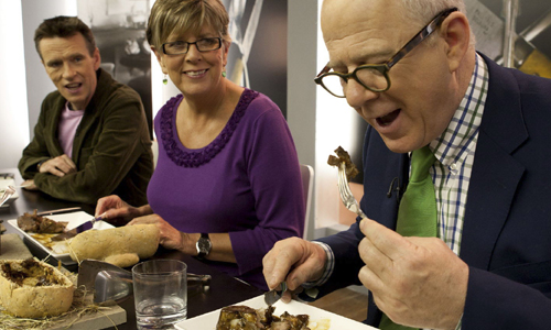 Oliver Peyton, Prue Leith and Matthew Fort tasting food for Great British Menu.