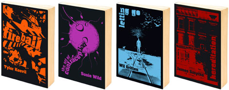 Bright Young Things covers: Fireball by Tyler Keevil, The Art of Contraception by Susie Wild, Letting Go by Wil Gritten, and Hereditation by J.P. Smythe.