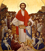 Coptic religious painting of Jesus standing among thousands of seated people, miraculously creating food