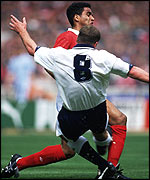 Paul Gasgoine tackles Gary Charles