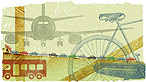 Illustration showing a bike, a plane and a bus