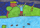 Owen yn syrthio i fewn i'r llyn.