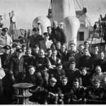 Crew of the "Minna". Joe Leghorn, 3rd Engineer, top left. Lionel Humphreys, Chief Engineer, bottom left.