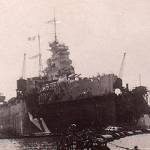 HMS Queen Elizabeth in dry dock in Alexandria for repairs after being mined in 1941