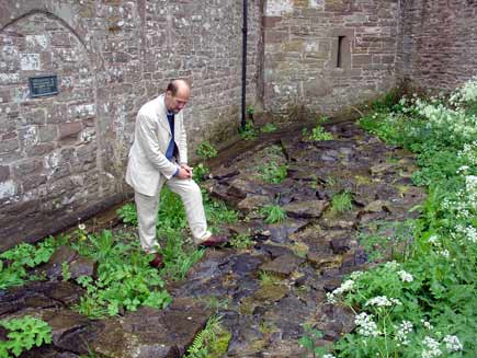 Martin stands on uneven stone foundations overgrown with plants. The stone wall of the newer building is visible in the background encircling the area