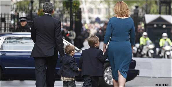 Gordon Brown leaves 10 Downing Street with his family