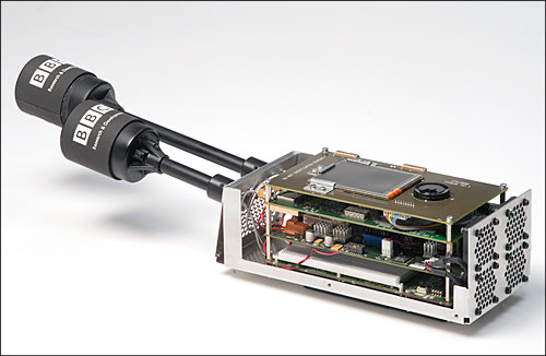 The new camera back prototype showing its workings- multiple components from different sources all integrated onto the chassis.