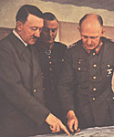 Hitler, Field Marshal General Wilhelm Keitel and General of the Artillery Alfred Jodl, discussing the war over maps in the Führer's headquarters, 1941