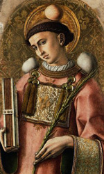 Religious icon of Saint Stephen, right hand holding a book to his breast, with rocks on his head and shoulders