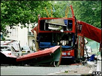 Wreck of bombed bus in London