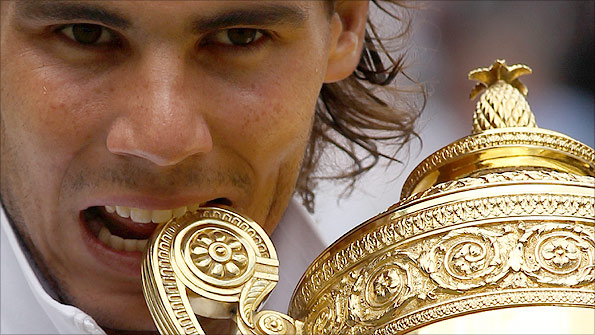 Rafael Nadal celebrates victory at Wimbledon