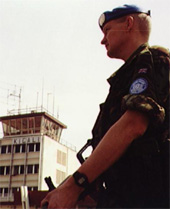 UN soldier on guard at Kigali Airport, Rwanda